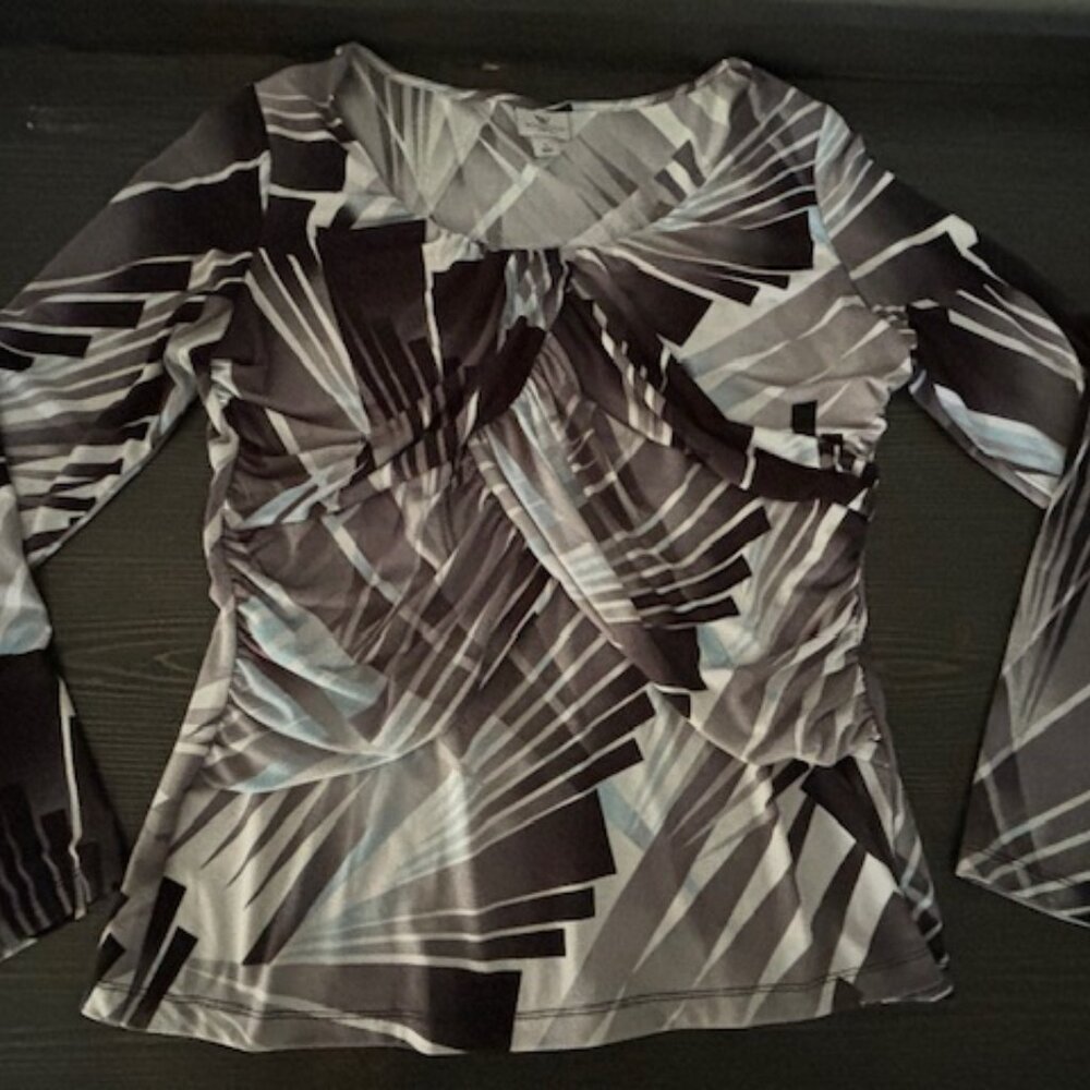 Worthington Scoop Neck Long Sleeve Cross Pleated Geometric Print - Size Large